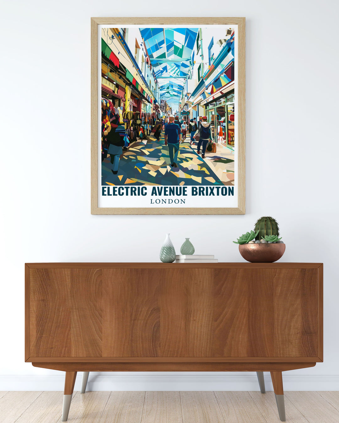 Electric Avenue and Brixton Market are highlighted in this travel poster, capturing the vibrant spirit and cultural richness of Brixtons streets, perfect for your living space.