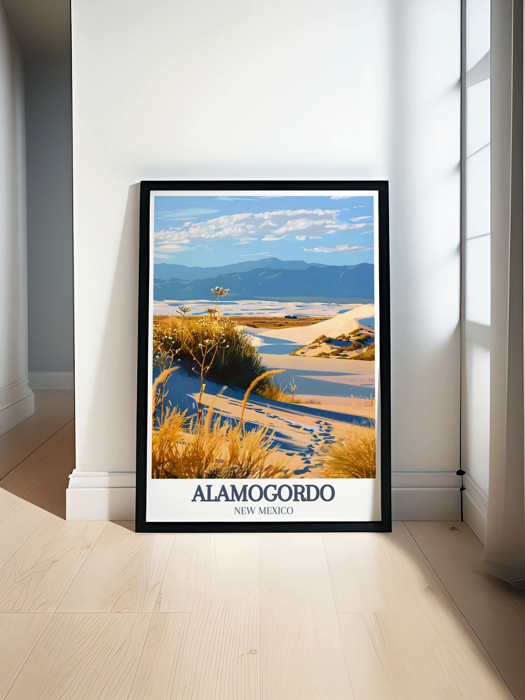 Alamogordo travel poster featuring White Sands National Park and White Sands Missile Range perfect for New Mexico decor this art print adds vibrant desert scenery to your home making it an ideal gift for those who love the Southwest and travel.