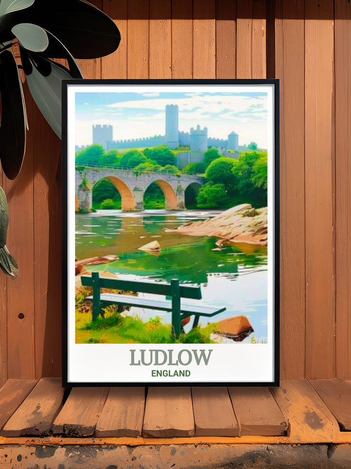 This Ludlow art print of Dinham Bridge showcases the quaint charm of Ludlow, England. The delicate illustration brings a touch of English heritage and nature into any space, making it a beautiful addition to your home.