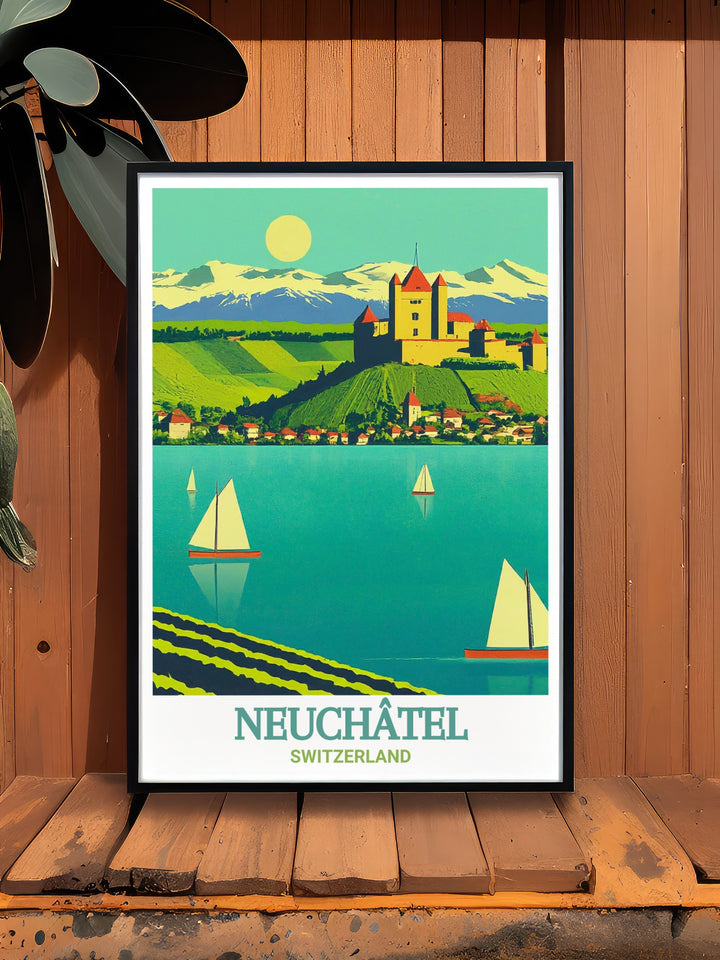 Lake Neuchatel art print featuring the peaceful waters and surrounding hills of France. A perfect France home decor piece that elevates your living space with its calming tones and elegant style. Ideal for those who love travel art and French landscapes.