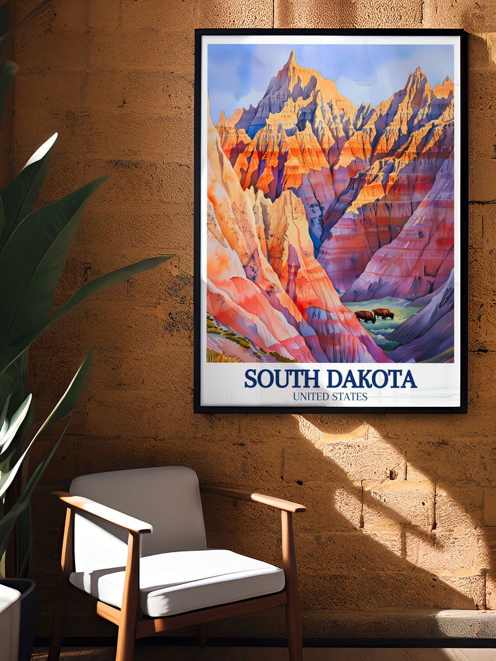 South Dakota travel print featuring bison in Badlands National Park ideal for traveler gifts and elegant additions to modern home decor