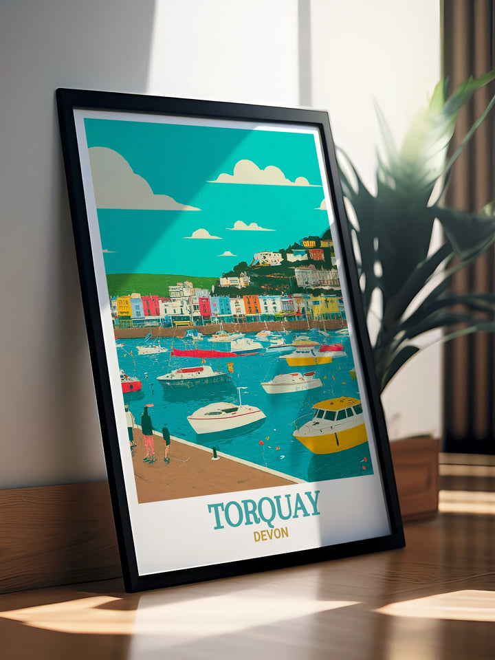 A detailed travel poster featuring Torquay Harbour, this artwork beautifully highlights Devons stunning coastline. The classic design and calming seaside elements make this print a wonderful addition to any home or office.