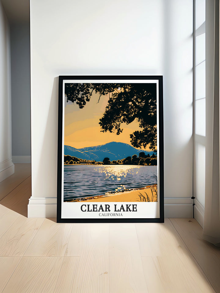 This vintage style poster of Clear Lake and Mount Konocti highlights the beauty of Northern Californias largest natural lake and its volcanic surroundings. A perfect way to bring a sense of nature and adventure into your home decor.