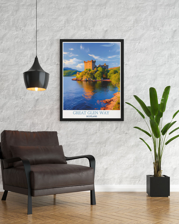 Featuring the serene Loch Ness, this travel poster offers a detailed view of the lochs calm waters and surrounding hills, perfect for bringing the legendary beauty of Scotland into any space.
