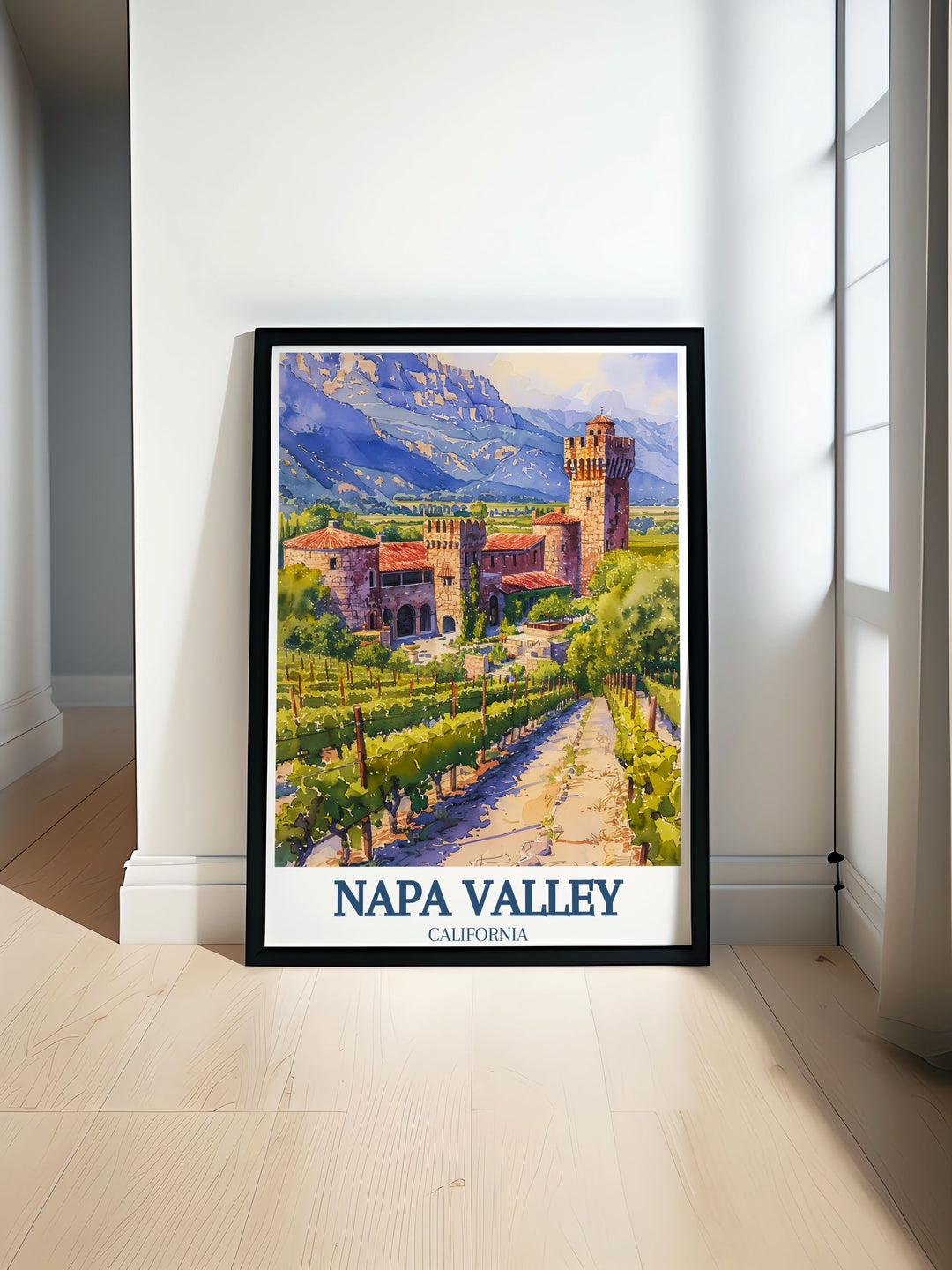 Napa Valley Print showcasing Castello di Amorosa with the Mayacamas and Vaca mountain ranges in a stunning black and white street map design perfect for modern home decor and thoughtful gifts