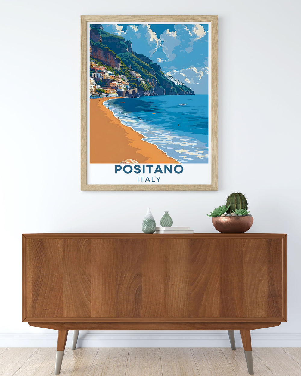 Amalfi Coast print showcasing the iconic Spiaggia Grande in Positano offering a scenic view that brings the essence of Italian coastal beauty to your wall art collection and enriches your home decor with a splash of Mediterranean elegance