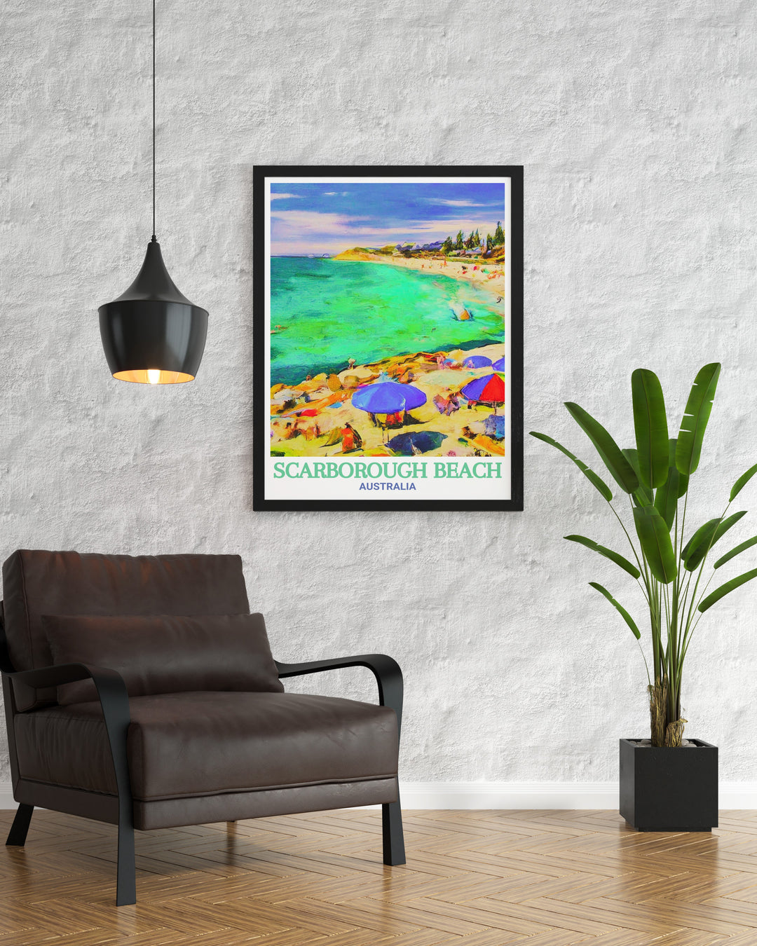 Experience the serenity of Scarborough Beach Foreshore with this elegant Australia Print designed to elevate your living space with coastal charm and vibrant colors perfect for anyone seeking Australia Travel Art or a unique Australia Souvenir