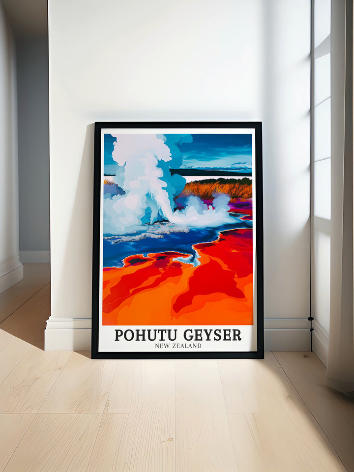 Pohutu Geyser, the largest active geyser in New Zealand, is captured beautifully in this travel print. Featuring the stunning eruptions in Rotoruas geothermal landscape, this artwork highlights the awe inspiring natural power of Pohutu and Te Puia, making it perfect for any nature enthusiast or New Zealand admirer.