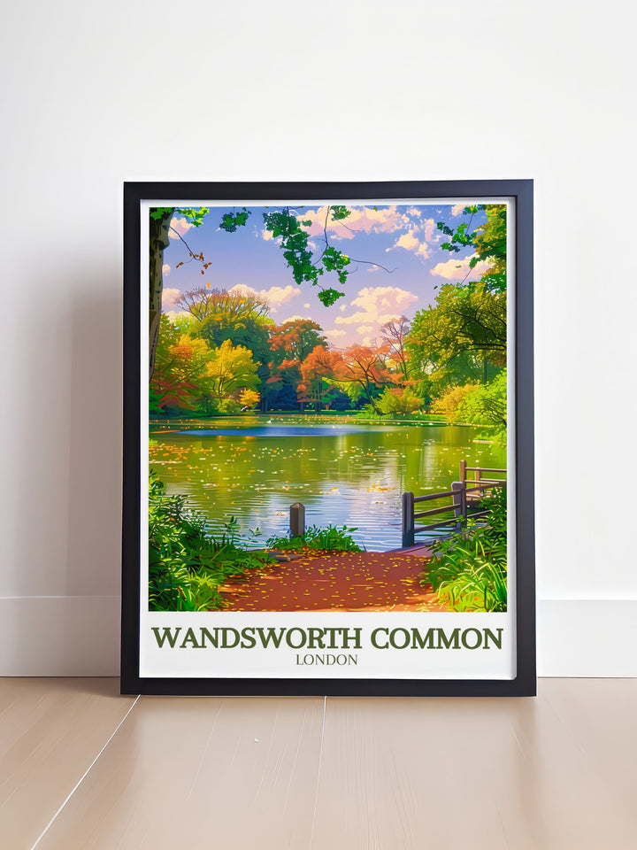 Experience the beauty of Wandsworth Common with this vintage London print. Highlighting Wandsworth Park and its serene atmosphere, this poster is perfect for lovers of South London and classic art styles.