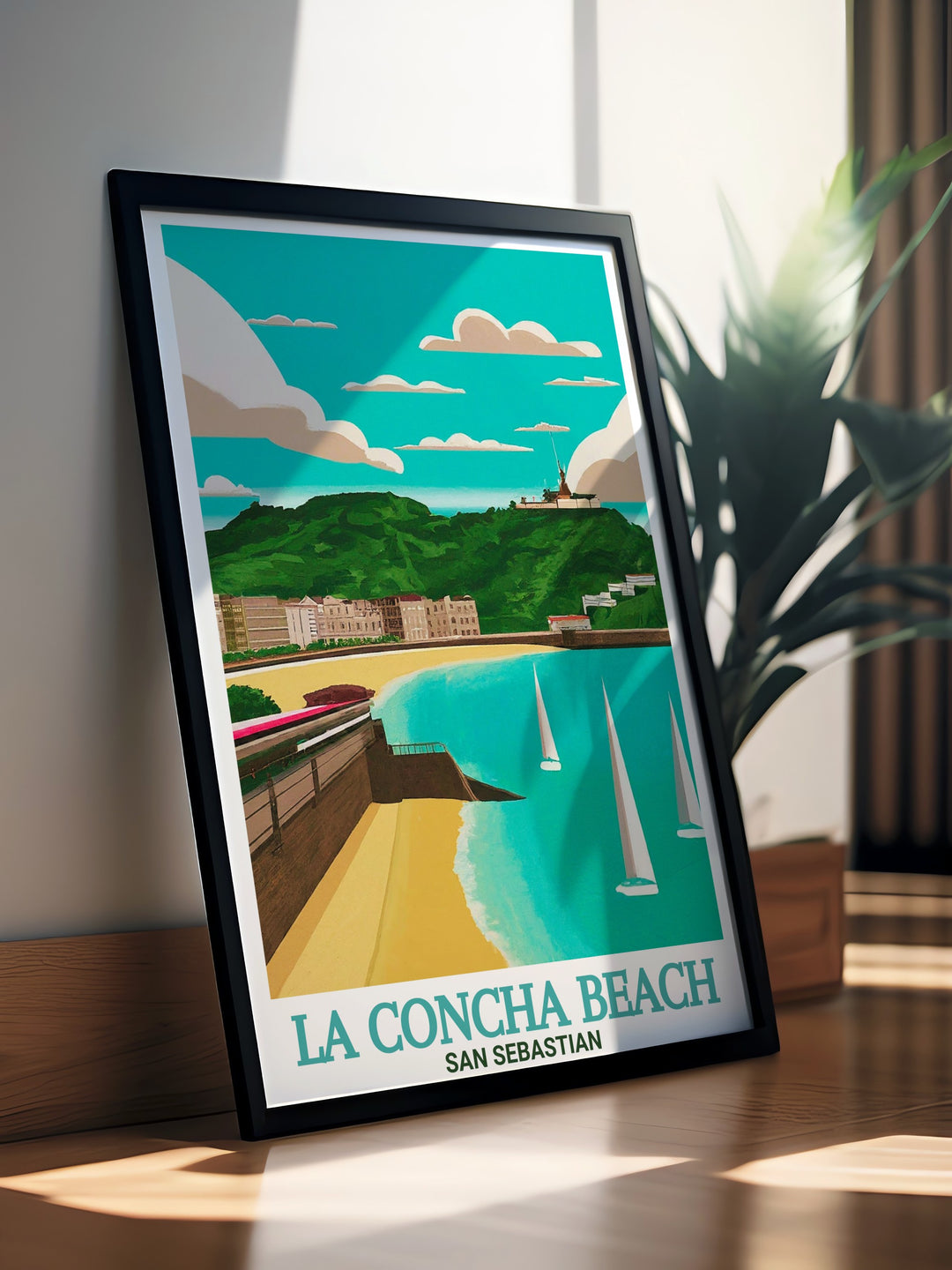 A vintage style travel poster of La Concha Beach and Monte Igueldo, two iconic landmarks in San Sebastián, Spain. This poster is perfect for those who love coastal decor or for anyone who dreams of visiting Spain.