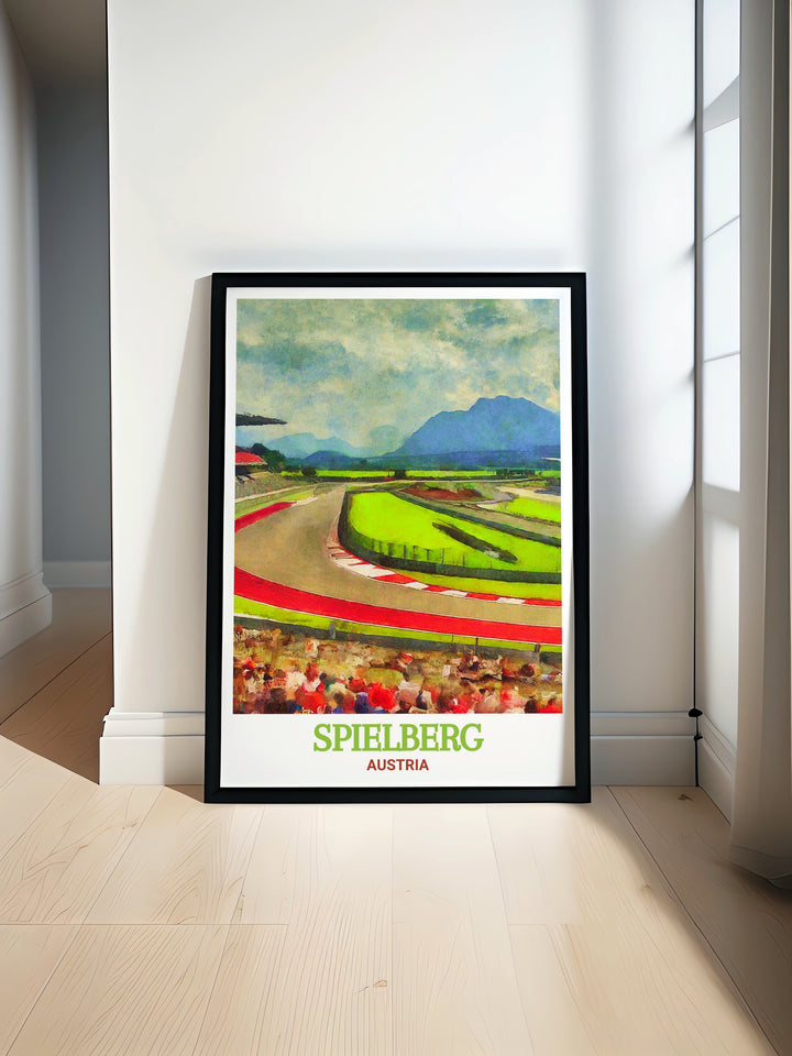 Captivating wall print of the Red Bull Ring, Spielberg, Austria, featuring a dynamic portrayal of the racing track. An excellent choice for fans of speed and motorsport, this artwork brings the thrill of racing into your living space.