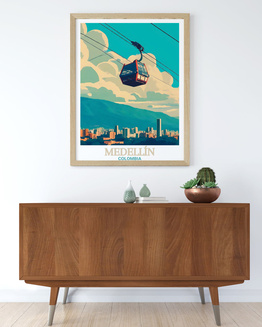 This Medellín Travel Print offers a detailed portrayal of the citys Metrocable and the surrounding hillsides. A great gift for anyone passionate about travel and architecture, this framed print brings Medellíns energy to your walls.