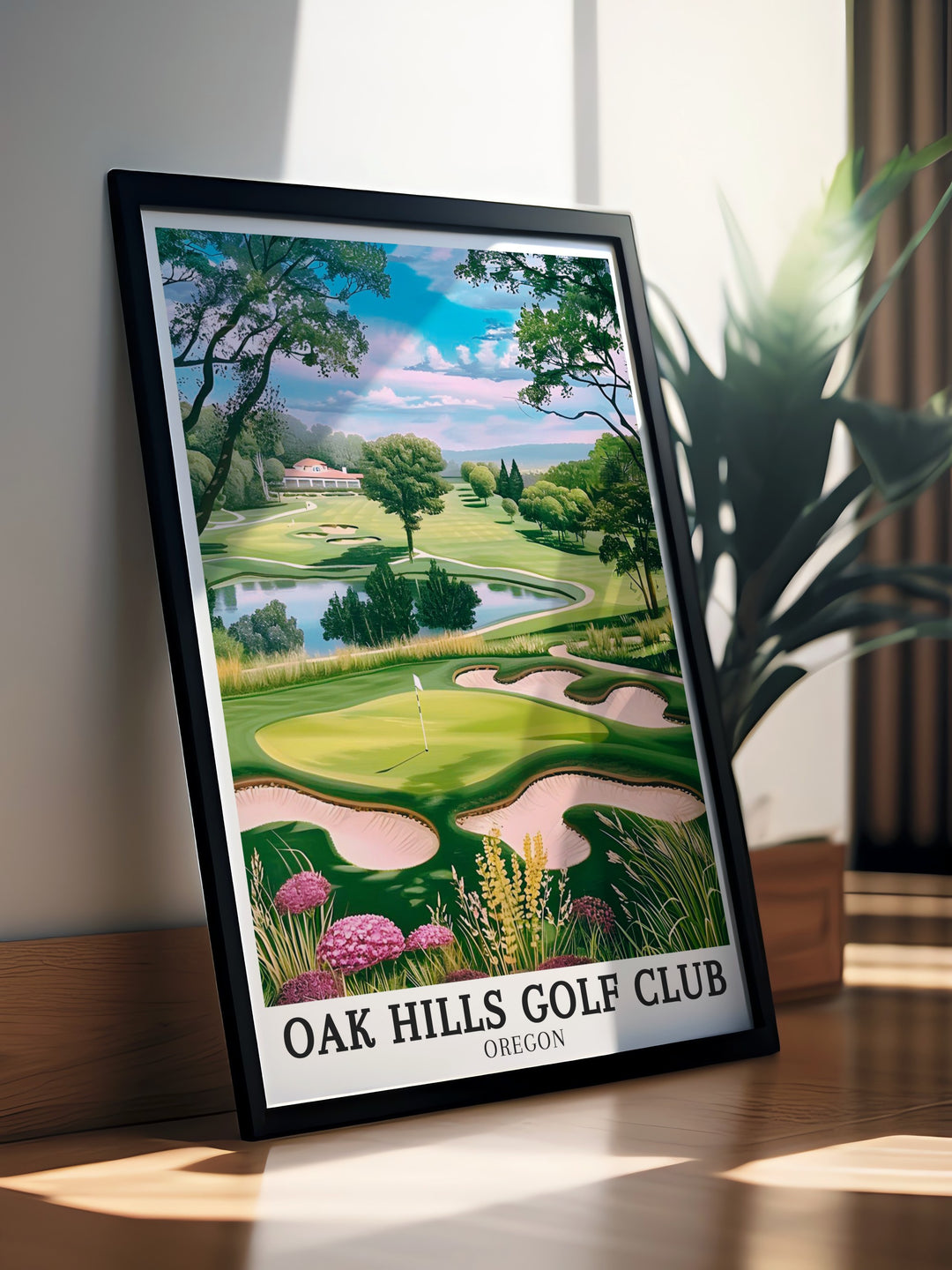 Capture the elegance of Oak Hills Golf Club with this detailed poster print. Featuring the serene landscapes and well manicured 18 hole course in Sutherlin, Oregon, along with the charming Club House, this artwork is a perfect addition to any golf themed decor.