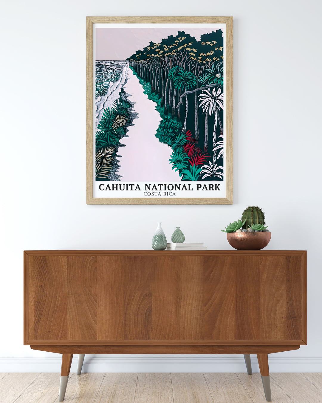 Limon Travel Poster showcases the beauty of Costa Ricas eastern coastline, featuring the serene waters and lush greenery of Cahuita National Park. This travel print is ideal for anyone seeking to celebrate Costa Ricas wildlife and untouched landscapes.