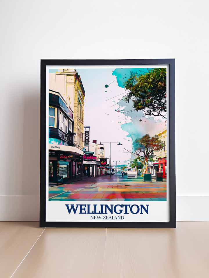 Cuba precinct framed art highlights the artistic flair of Wellingtons most iconic district. Ideal for those who love New Zealand travel, this artwork brings a bold and colorful representation of Cuba Street into your living space, offering a stylish addition to any room.