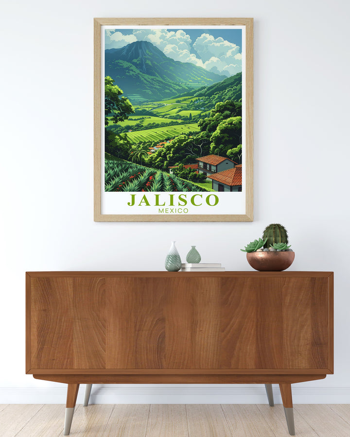 Immerse yourself in the vibrant beauty of Mexicos Jalisco region with this travel poster. Featuring the renowned Tequila Landscape, this poster is perfect for anyone with a love for Mexican heritage and tradition.