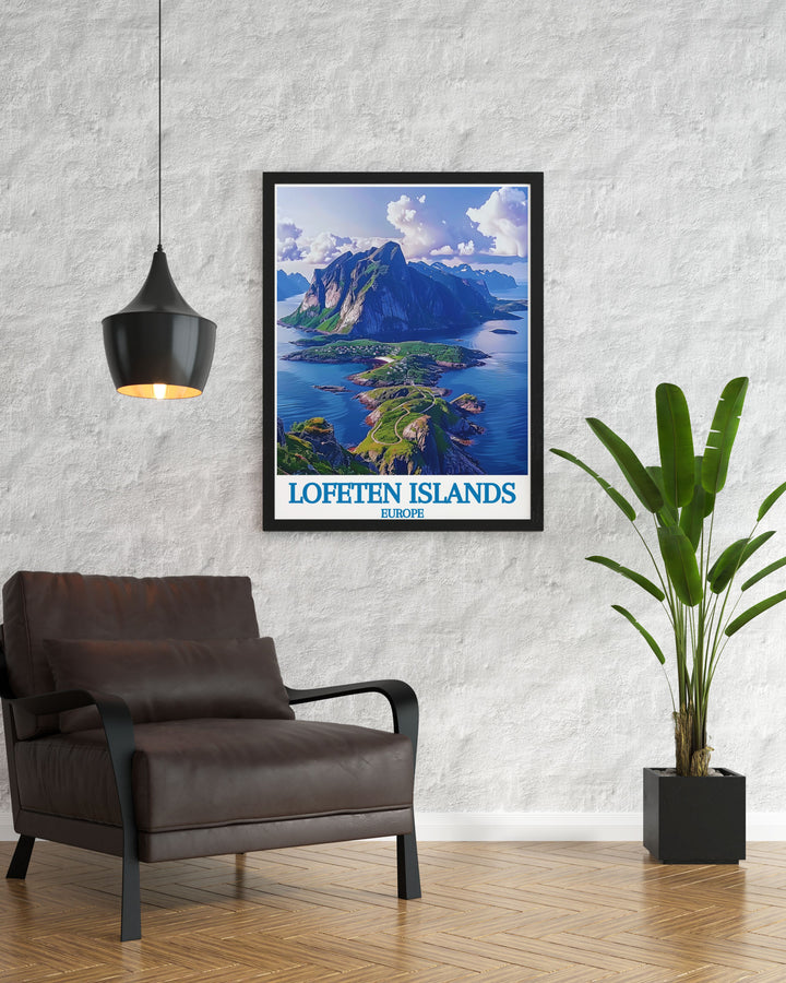 Framed art print of the Lofoten Islands, Norway, highlighting the serene beauty of Reinebringen. The artwork features the iconic mountain peak, the tranquil fjord, and the picturesque village, offering a beautiful blend of natural beauty and Scandinavian charm.