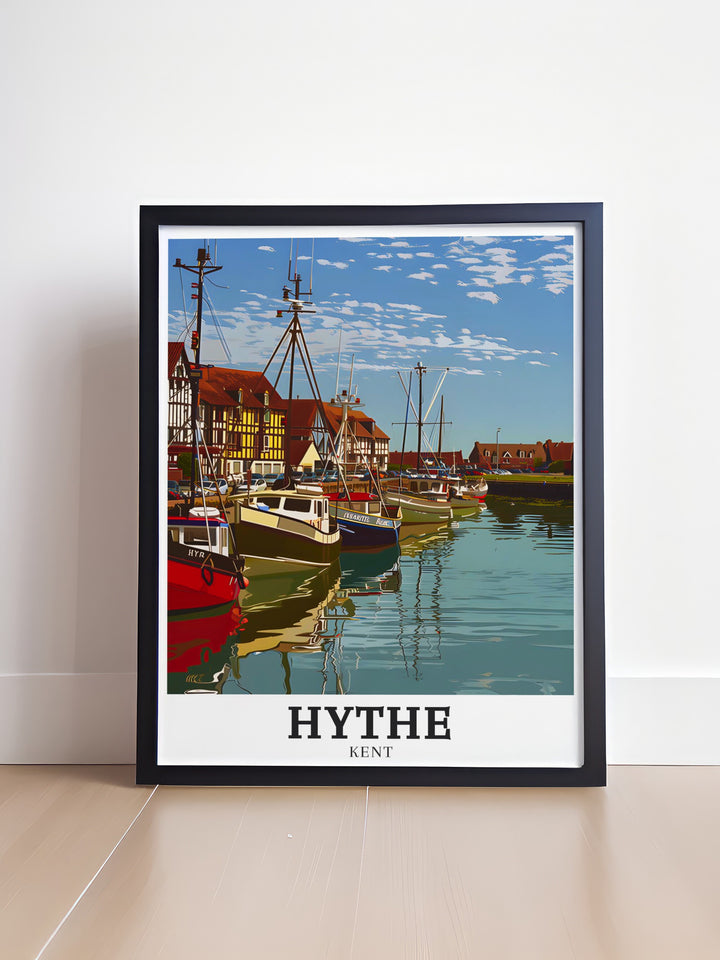 Enhance your home with a beautiful depiction of Hythe Harbour Southampton in this Kent travel print. The coastal charm and peaceful harbor view make it a perfect addition to your decor.