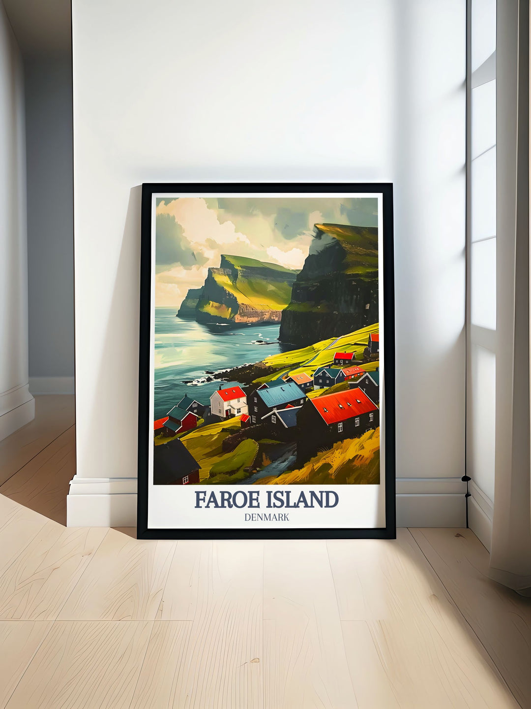 Faroe Island poster featuring the tranquil Bour Village and the Atlantic Ocean. This art print brings the peaceful beauty of the Faroe Islands into your home and makes a perfect gift for those who appreciate natural landscapes and serene coastal views.