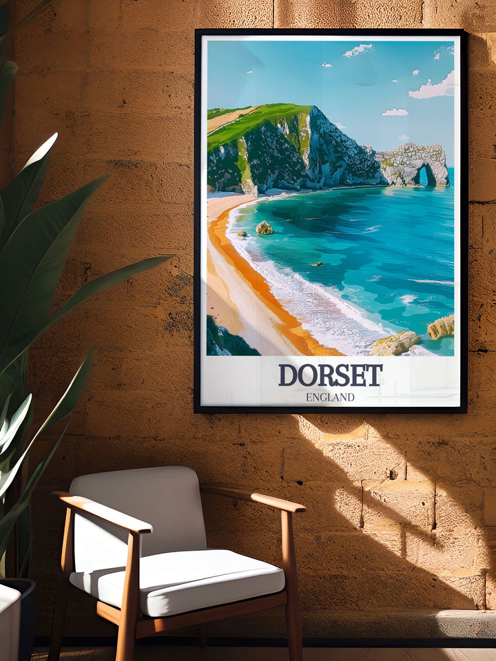 The serene beauty of Lulworth Cove and its turquoise waters are beautifully illustrated in this travel poster, capturing the essence of a perfect coastal getaway.