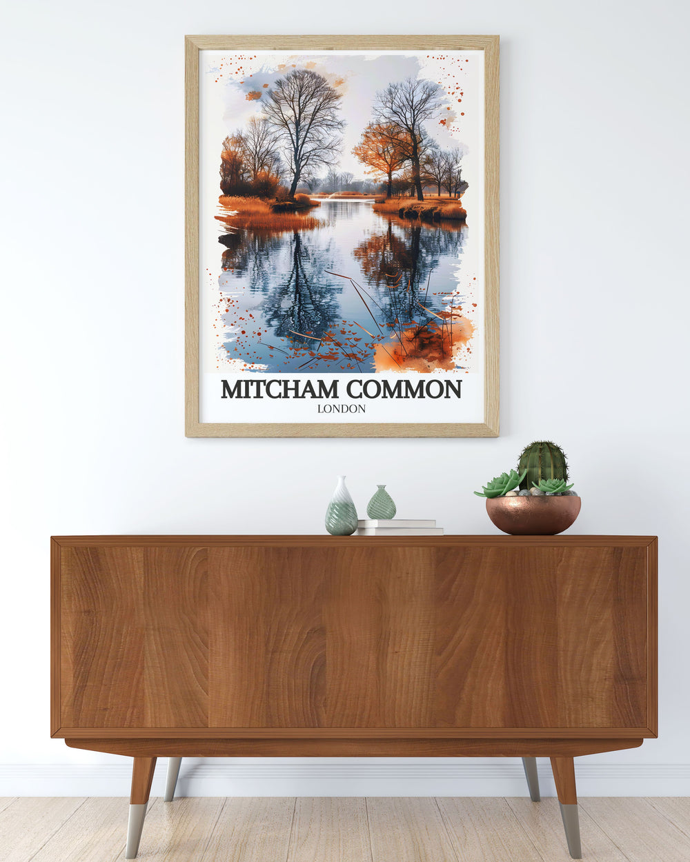 Discover the peaceful charm of Mitcham common pond with our London travel poster featuring the calm waters and vibrant greenery of this South London oasis these prints are perfect for nature lovers and city dwellers looking to add serenity to their home