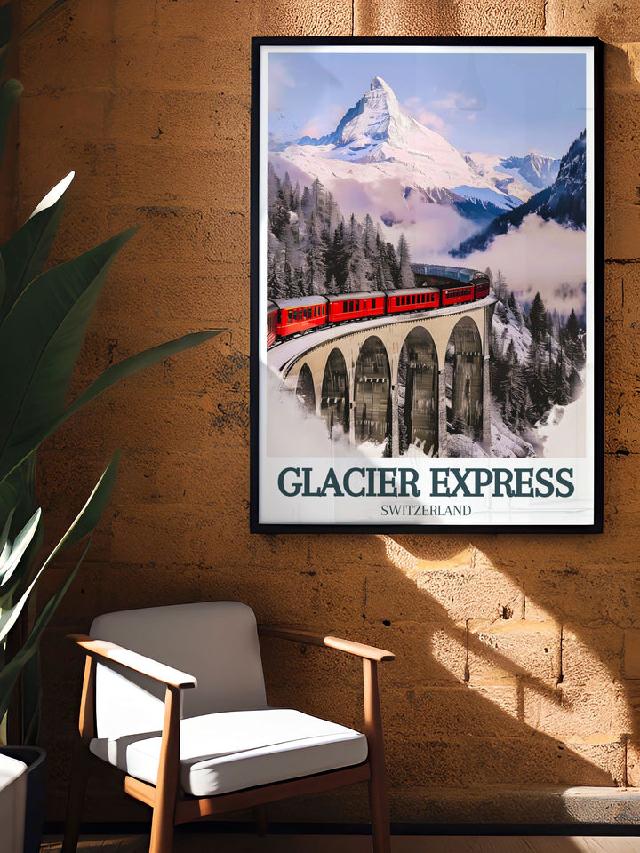 Our framed prints of the Glacier Express train Landwasser Viaduct offer a sophisticated way to enjoy the scenic beauty of the Swiss Alps making them ideal for modern decor enthusiasts