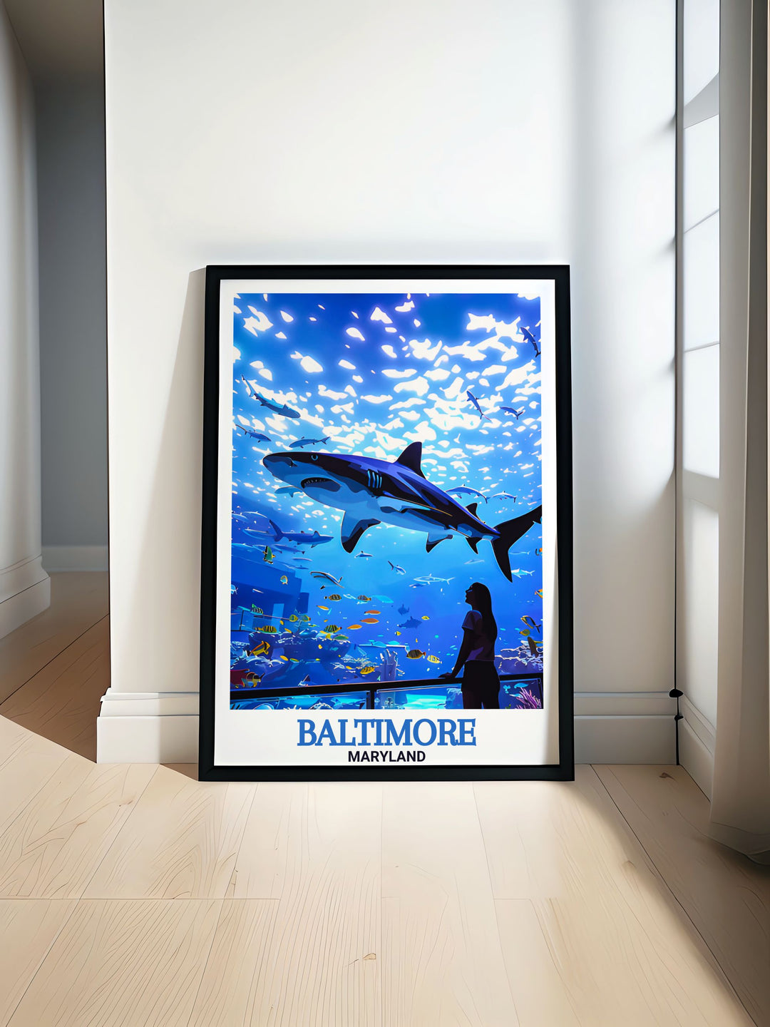 National Aquarium travel poster capturing the vibrant marine life and architectural beauty of Baltimore's iconic attraction detailed fine line print perfect for home decor and art enthusiasts who appreciate the citys cultural heritage