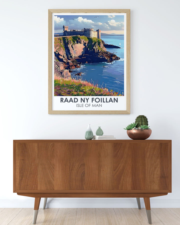 Manx Travel Poster featuring Peel Castle artwork capturing the beauty of the Isle of Mans Way of the Gull and picturesque Douglas Harbour perfect for stylish and refined wall decor