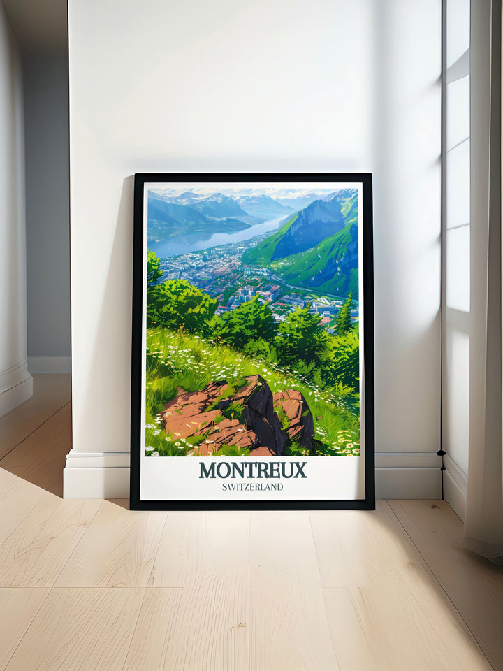 This Rochers de Naye Wall Poster brings the majesty of the Swiss Alps into your home. Featuring Lake Geneva and Montreux, this poster is perfect for anyone who loves alpine scenery and wants to add a sense of adventure and serenity to their décor.