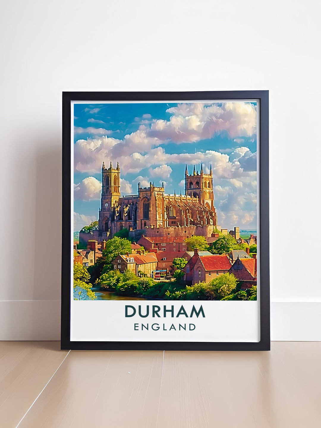This travel poster captures the majestic beauty of Durham Cathedral, highlighting its Norman architecture and rich history, perfect for enhancing your home decor.