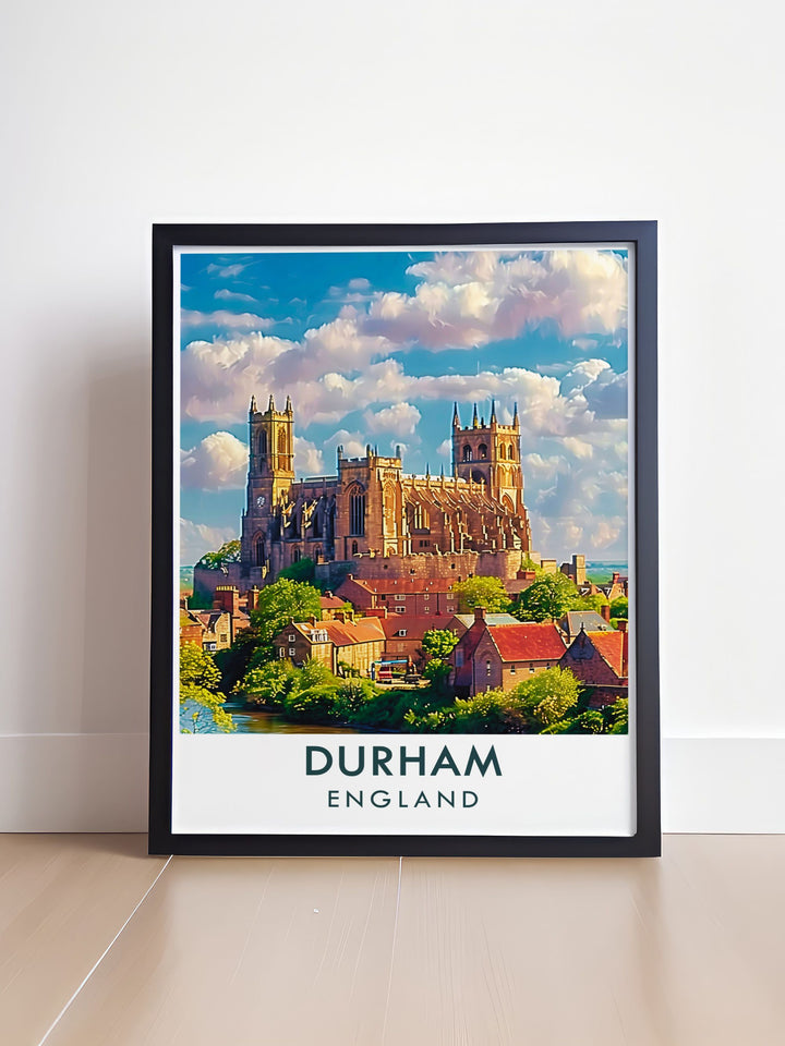 This travel poster captures the majestic beauty of Durham Cathedral, highlighting its Norman architecture and rich history, perfect for enhancing your home decor.