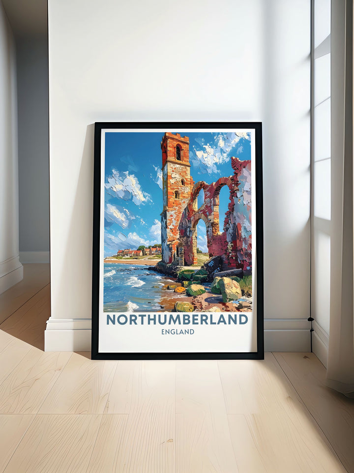 Vintage travel poster featuring the charming Seahouses village and the iconic Holy Island on the Northumberland Coast. This beautiful artwork is perfect for home decor and makes an excellent gift for history and travel enthusiasts.