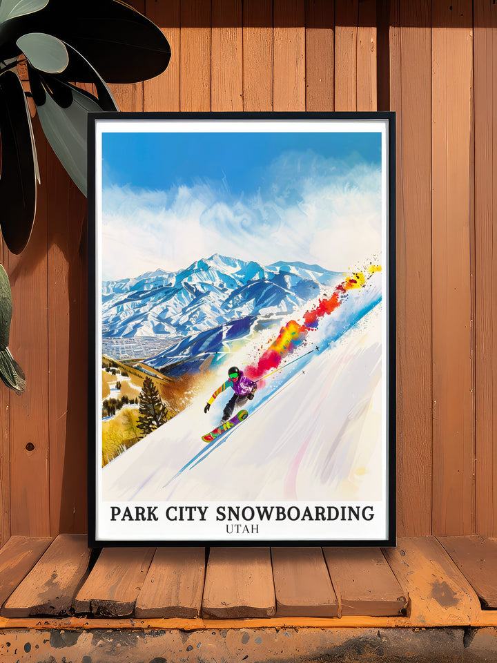 Wasatch Range snowboarding prints. Featuring the iconic slopes and breathtaking landscapes of Park City Mountain Resort, this art collection is perfect for winter sports fans and art lovers.