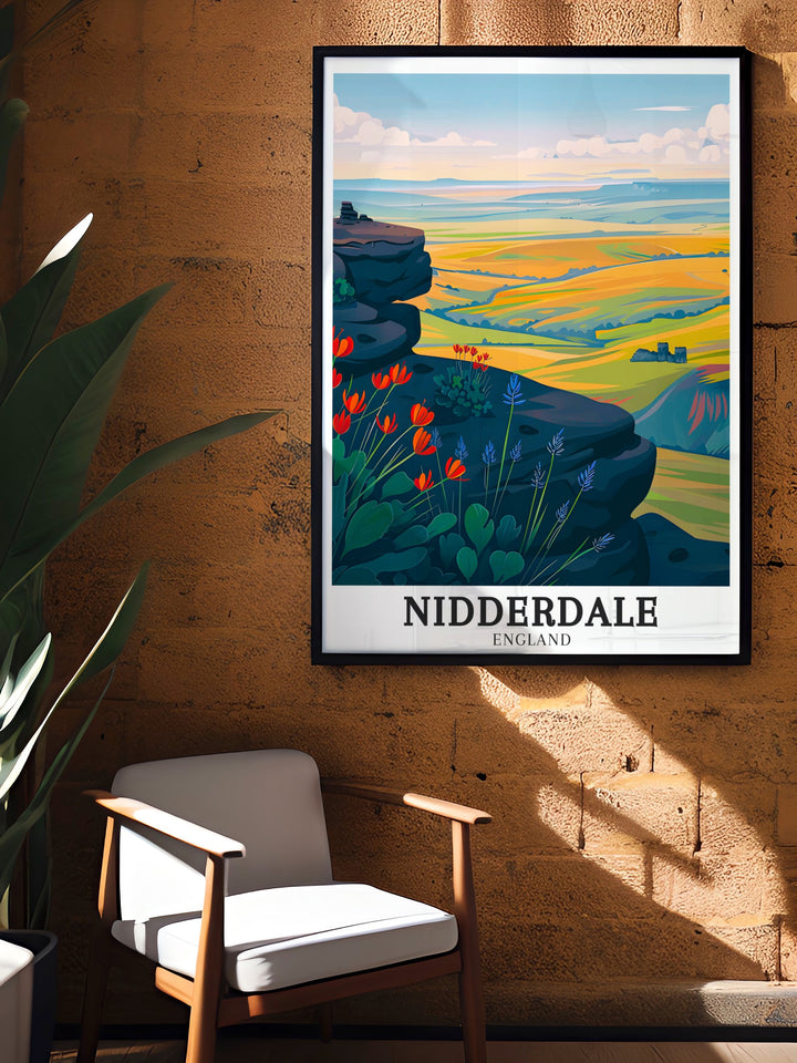 Nidderdale poster art celebrating the natural wonders of the Nidderdale Way and the Yorkshire Dales. This vintage style print is ideal for those who admire the quiet charm and unspoiled landscapes of rural England.