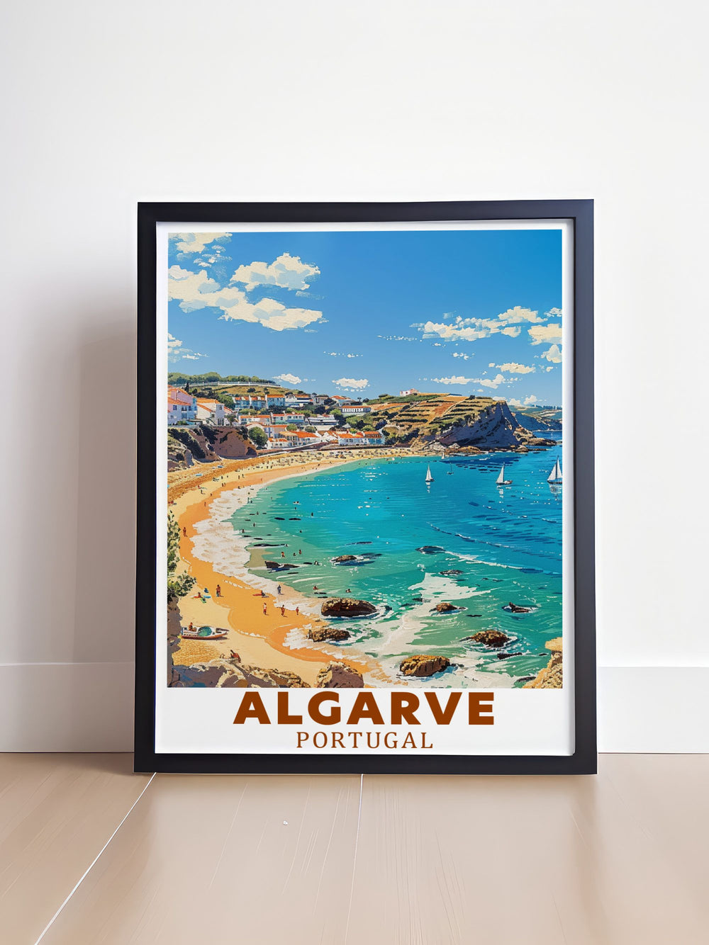 This travel poster captures the picturesque coast town of Lagos in the Algarve, Portugal, showcasing its charming streets and historic architecture, perfect for adding a touch of coastal beauty to your decor.