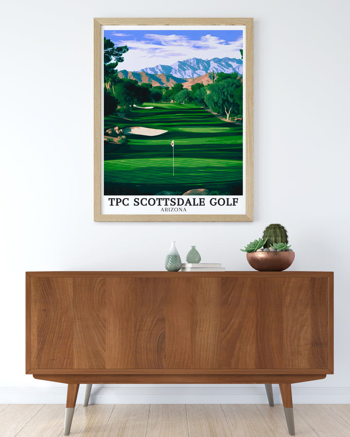 TPC Scottsdale golf course poster print, featuring the lush fairways and the iconic backdrop of the McDowell Mountains. Perfect for golf enthusiasts, this artwork captures the essence of one of Arizonas most famous golf courses, making it ideal for any travel or sports themed décor.