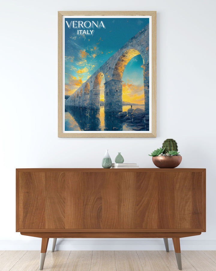 Vibrant canvas art of Ponte Pietra, depicting the bridges majestic arches and the tranquil Adige River, an exquisite addition to any art collection.