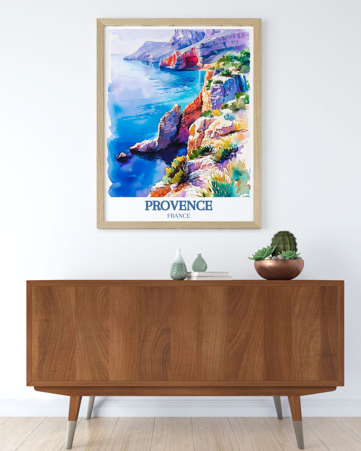 Transform your living room with our modern art prints of Calanque de Sugiton cliffs and Cap Canaille perfect for creating a serene and inspiring atmosphere with the beauty of Provence.