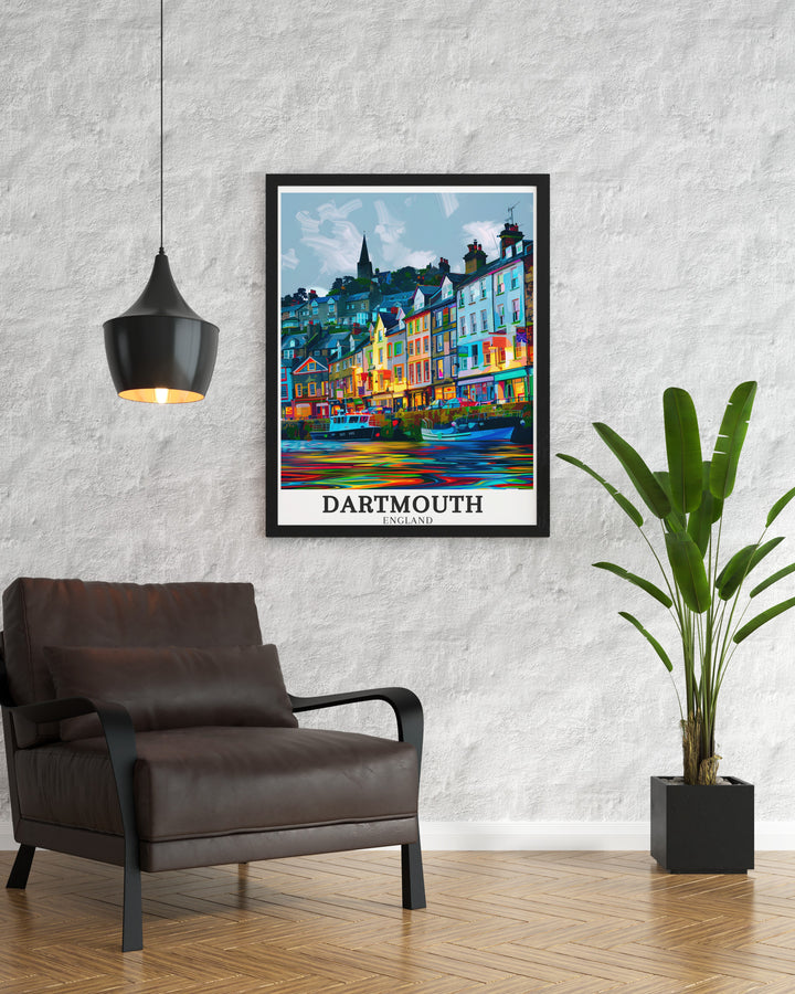 Showcasing the picturesque Dartmouth Harbour, this poster artfully blends the towns historic charm with its scenic coastal setting. A wonderful addition for lovers of Englands historic towns, this print adds a touch of timeless beauty to any room.