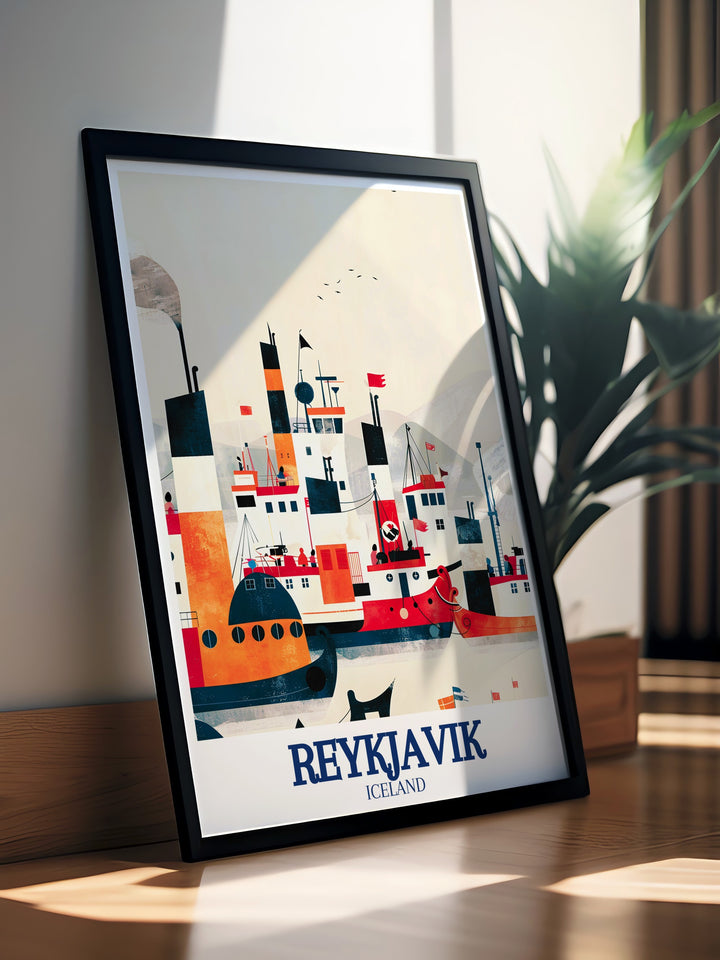 Old Harbour travel print capturing the historical essence and modern vibrancy of Reykjaviks iconic port. Ideal for anyone who loves the sea and the history of Icelands fishing industry, this artwork adds depth and character to your decor.