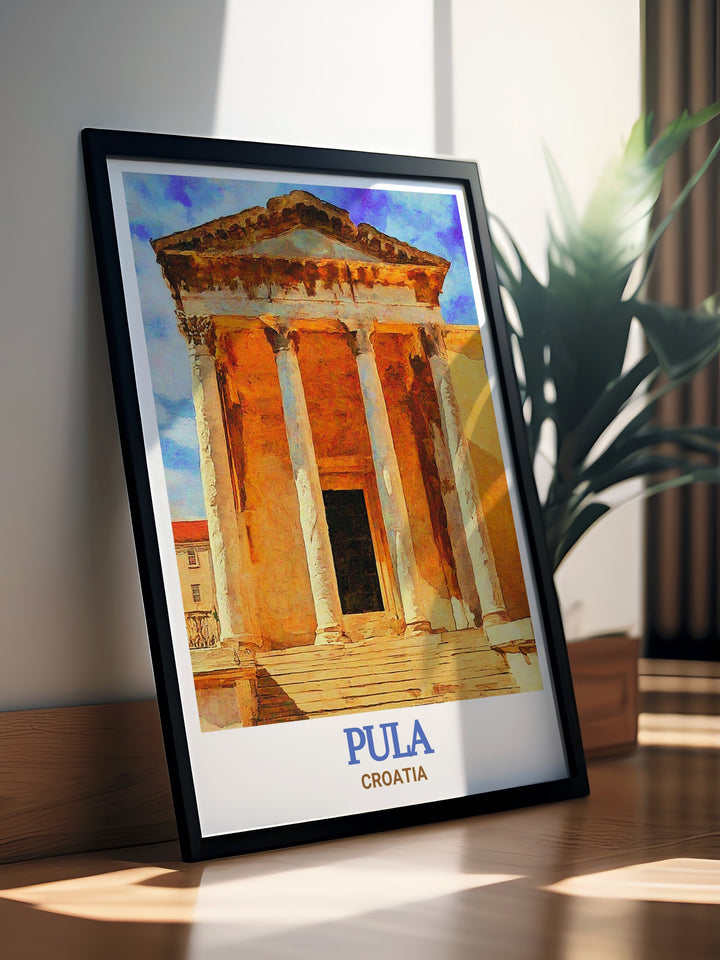 A detailed art print featuring the Temple of Augustus in Pula, Croatia, capturing the architectural elegance of this Roman era temple. The artwork brings out the intricate details of the Corinthian columns and ornate frieze, making it a perfect addition to any space.