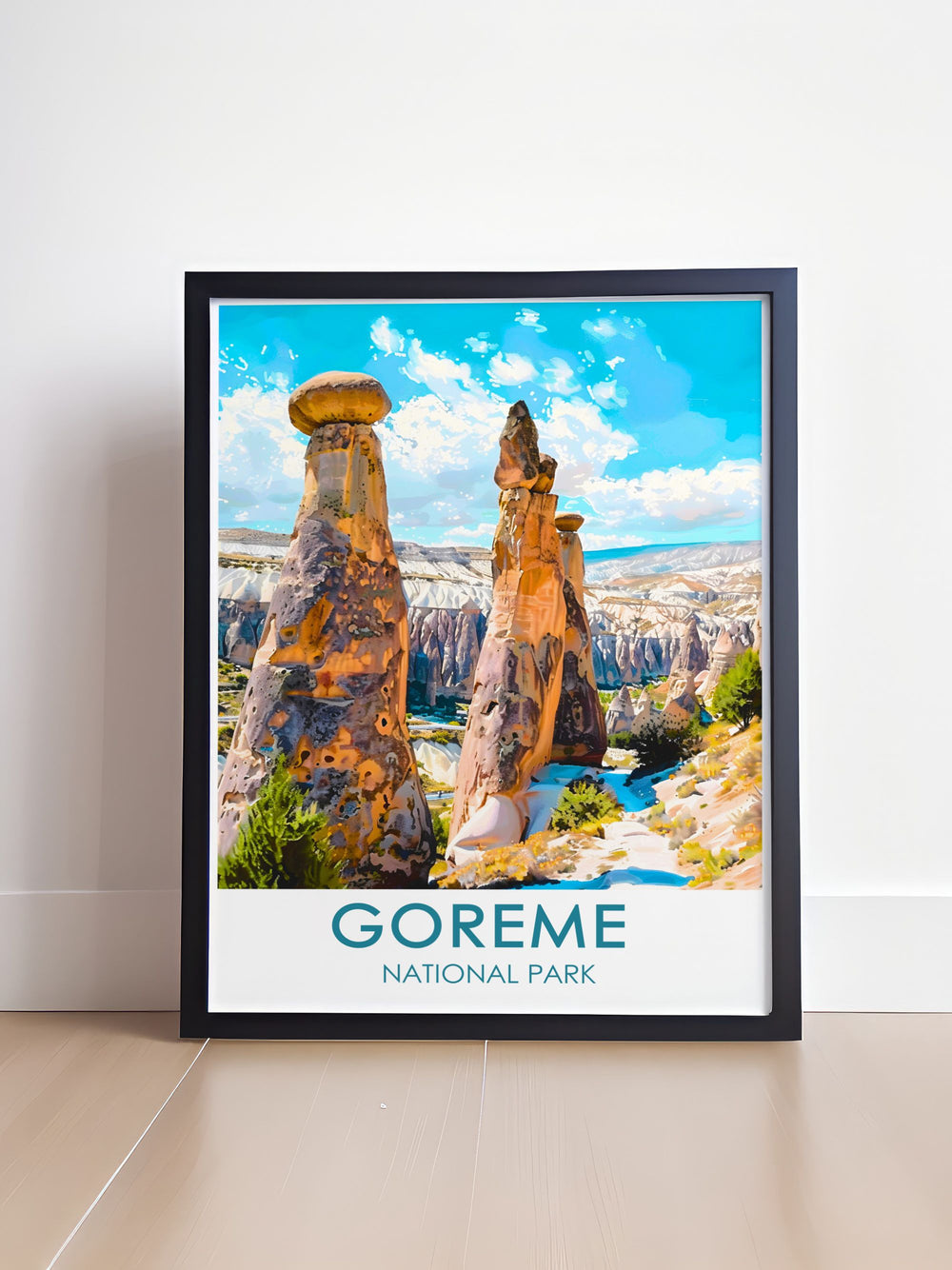 This stunning poster showcases the iconic Fairy Chimneys of Goreme National Park, Turkey, with intricate details and vibrant colors that capture the essence of this magical landscape, making it a perfect addition to any nature lovers home.