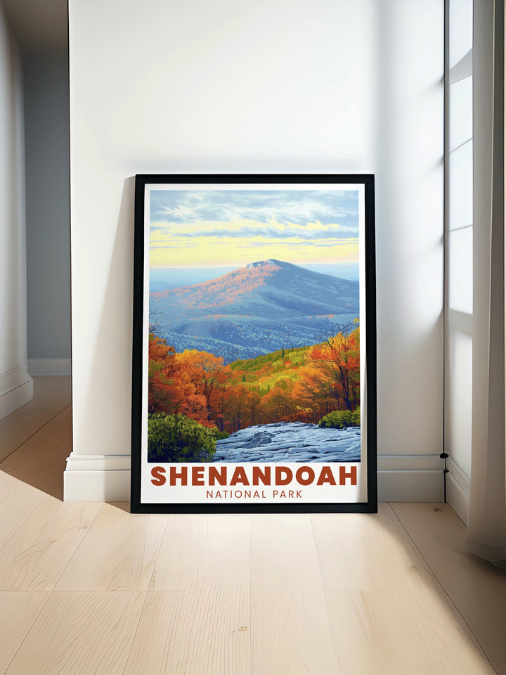 Capture the essence of Virginias Appalachian wilderness with this travel print of Old Rag Mountain. Its detailed portrayal of Shenandoah National Parks famous peak makes it an ideal addition to any nature lovers home decor.