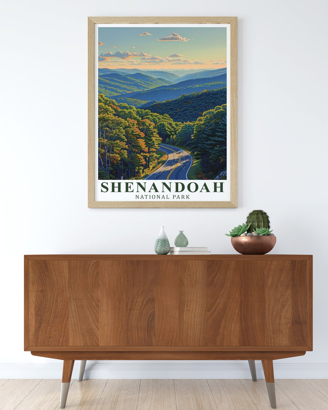 Celebrate the iconic beauty of Shenandoah National Park with this poster of Skyline Drive. The winding road through the parks mountains and forests is beautifully depicted, making this artwork an ideal choice for nature enthusiasts and travelers alike.