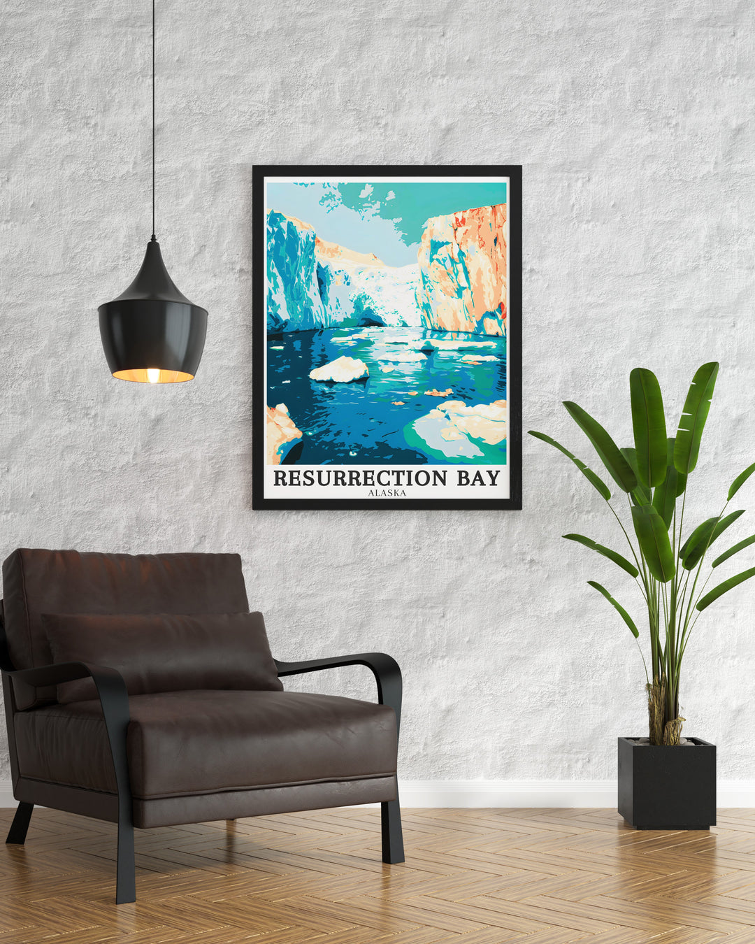 A captivating travel print of Resurrection Bay and Bear Glacier, this artwork brings the wild beauty of Alaska to life. With vivid depictions of Bear Glacier Lagoon, this poster makes a perfect addition to any wall art collection.