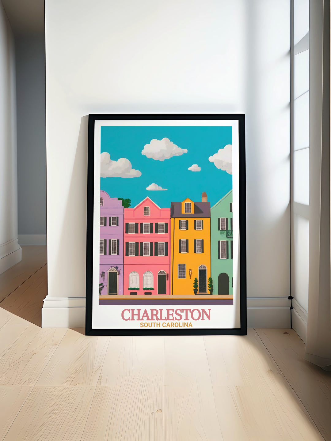 Rainbow Row travel poster print featuring the iconic Charleston landmark with its vividly colored historic houses perfect for adding charm and elegance to any home decor or as a unique and thoughtful gift idea