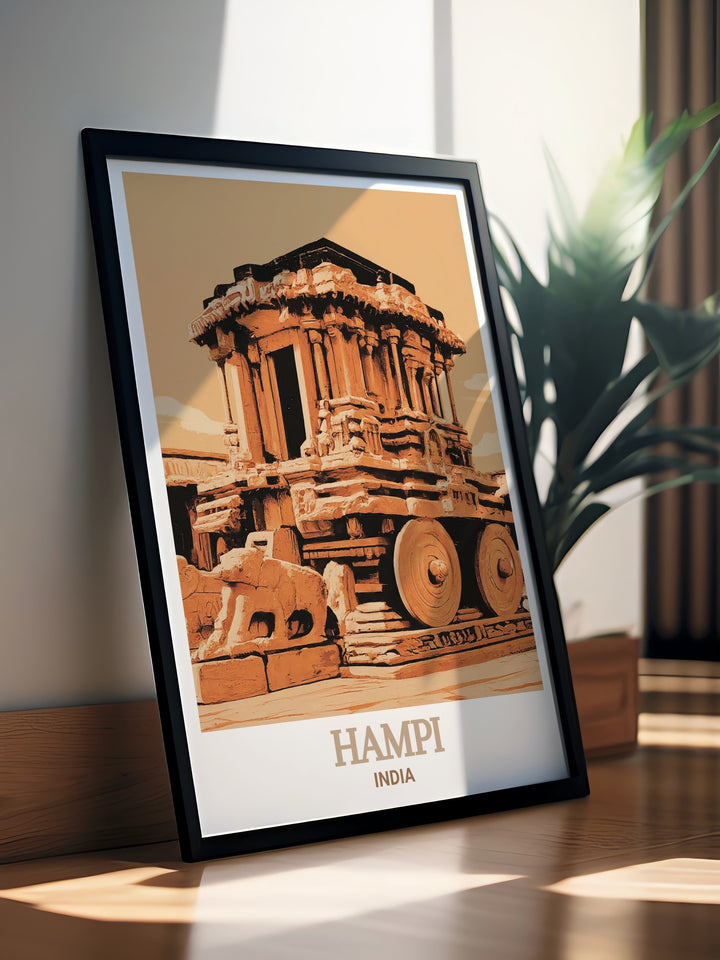 Captivating Hampi wall decor featuring the scenic views of Vijaya Vittala Temple. The vibrant colors and intricate details of this print celebrate the beauty and history of Hampi, making it a meaningful addition to any living space.