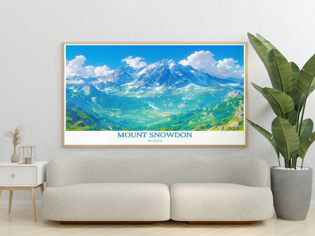 Snowdonia Poster showcasing the majestic beauty of Snowdonia National Park with Mount Snowdon and Tryfan Wales Print perfect for any home decor