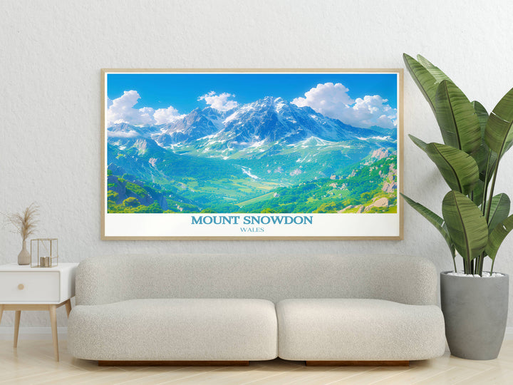 Snowdonia Poster showcasing the majestic beauty of Snowdonia National Park with Mount Snowdon and Tryfan Wales Print perfect for any home decor