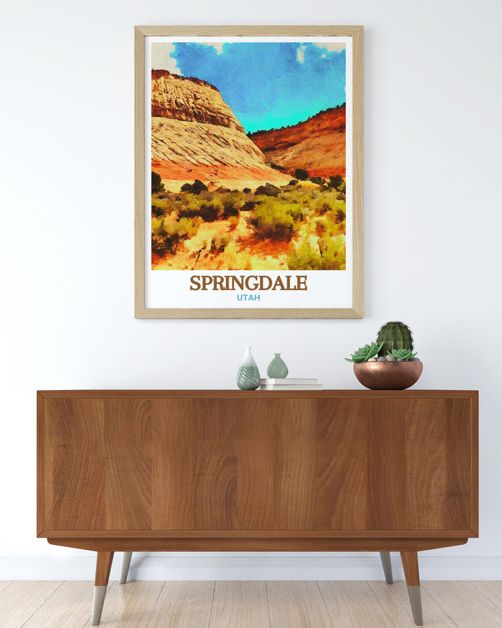 This print of Checkerboard Mesa in Zion National Park and Springdale, Utah, offers a stunning representation of Utahs landscapes. The artwork highlights the natural beauty of the Mesas rock patterns and the welcoming community of Springdale, making it a perfect piece for home decor or as a gift for nature enthusiasts.